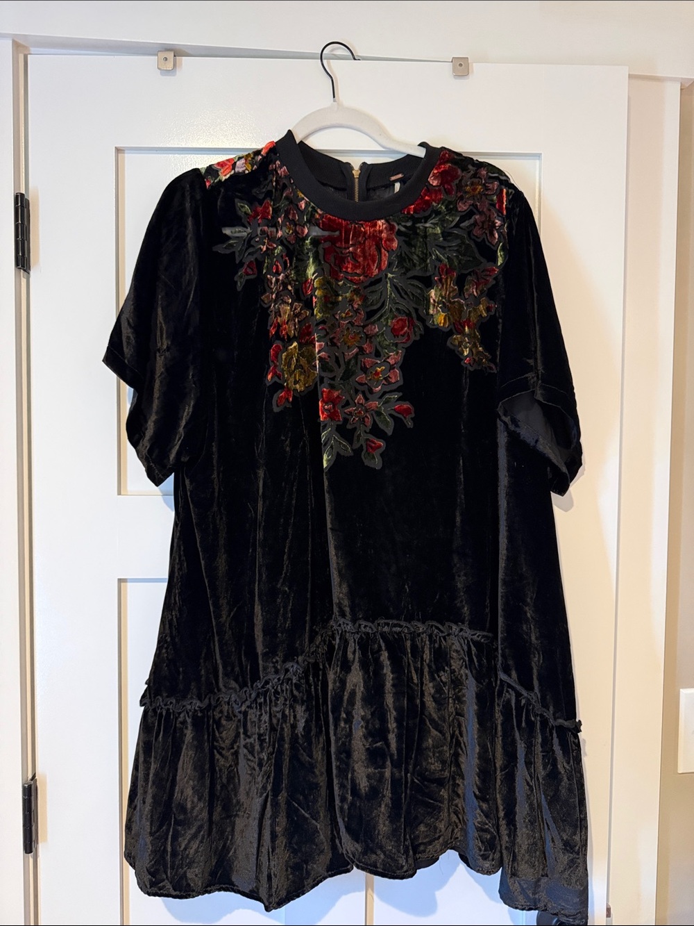 Free People Black Velvet Mini Dress with Red & Green Floral Appliqué